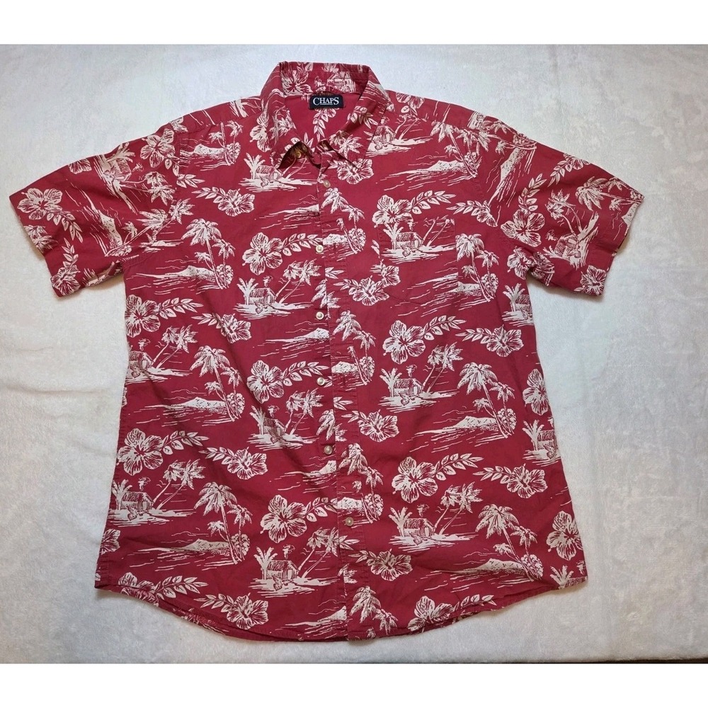 240 CHAPS Men's Large Hawaiian Shirt Red White Tropical Floral 100% Cotton